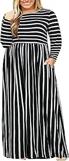 [Nemidor] Women Short Sleeve Loose Plain Casual Plus Size Long Maxi Dress with Pockets (28, Black Stripe+Sleeve)