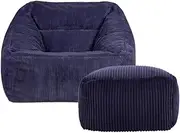 1-seat Thick Corduroy Bean Bag Chair Bean Bag Cover Soft Pouf Ottoman No Filler Kids Adults Beanbag Chair Lazy Armchair Couch Floor Seating Frameless Furniture(Navy Blue,2 in 1 Cover)