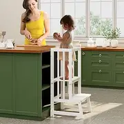 Toddler Tower, 3 in 1 Adjustable Bamboo Learning Standing Tower, Anti-tip Toddler Tower Kitchen Bathroom Helper for Kids with Chalkboard, Backrest and Nonslip Feet, Gifts for Boys Girls- White