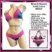 Beach Bunny Shiny Lady Lace Skimpy Bottoms Grey and Pink L Set $250