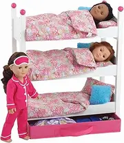 Emily Rose 18 Inch Doll Furniture | Lovely Pink Stackable Triple Bunk Bed, Includes Fabric Doll Clothes Storage Drawer and Plush Multi-Colored 4 Piece Doll Bedding Sets | Fits American Girl Dolls