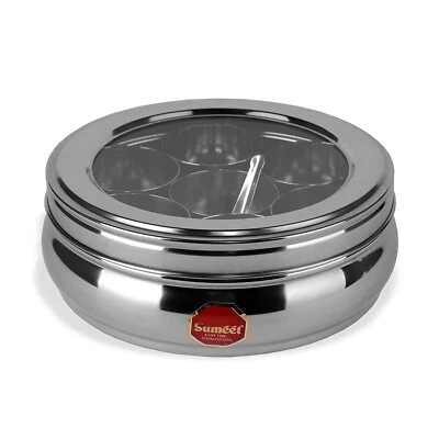 Stainless Steel Belly Shape Masala Spice Box Dabba with See Through Lid 2 L