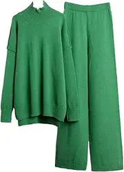 [Generic] Women Knitted 2Pcs Set High Neck Long Sleeved Split Sweaters And Wide Leg Pants Matching Lounge Set Loose Tracksuits