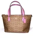 COACH Tote Bag In Signature Canvas & Leather Gold/Tan/Fuchsia Memorial Day Sale