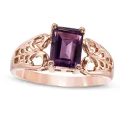 Emerald-Cut Amethyst Open Scroll Ring in Solid 10K Rose Gold