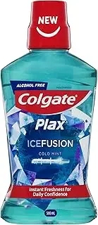 Colgate Plax Ice Fusion Antibacterial Mouthwash, 500mL, Cold Mint, Alcohol Free, Bad Breath Control