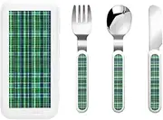 Blue And Green Scottish Tartan 3 Piece Set For Camping Stainless Steel Flatware, Spoon, Fork, Knife, Ideal For Outdoor