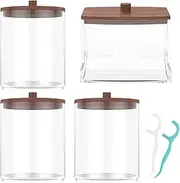 4Pcs Qtip Dispenser Clear Plastic Cotton Swab Holder with Bamboo Cover Round Qtip Dispenser Holder Dust Proof Cotton Ball Organizer Rectangle Cotton Pad Jar Container for Bathroom ...
