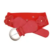Women Red Color Elastic Strap Faux Leather Floral Belt Flowers Silver Buckle S M
