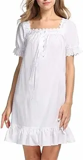 [MaxxCloud] Women's 100% Cotton Long Dress Short Sleeve Victorian Nightgown Nightshirt