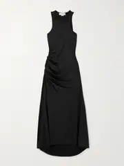 [Victoria Beckham] Victoria Beckham - Asymmetric Ruched Satin-jersey Midi Dress - Black - UK 16 UK 16 Black