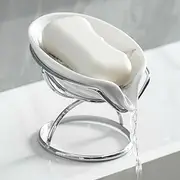 Leaf-Shaped Soap Dish – Premium Ceramic Soap Bar Holder with Self-Drainage System – Bar Soap Holder for Shower, Bathroom Sink, Kitchen – Waterfall Soap Dish with Stainless Steel Stand (SLIVER)