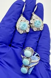 Beautiful Sterling Silver 925 Natural Larimar Earrings & Ring Set Size 10