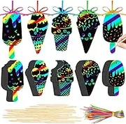 Fuutreo 100 Pcs Ice Cream Scratch Cards Rainbow Color Scratch Ornaments Summer Scratch Paper Crafts Kits with Sticks and Ribbon for Birthday Party Favors DIY Hanging Decorations