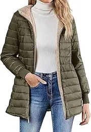 [Valtorixia] Winter Jackets for Women Hooded Quilted Jacket Zip Up Fleece Lined Jacket Mid Length Outerwear Coat with Pockets