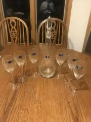 NEW TOSCANY CRYSTAL ETCHED FLOWER WINE SET 6 GLASSES &DECANTER W/STOPPER ROMANIA