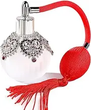 [Joyeee] Glass Perfume Bottles Spray Empty with Antique Silver Flower Figurine, 1 Pack 50ml Empty Vintage Refillable Perfume Bottle with Red Long Tassel, Suit Girl or Women