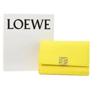 【LOEWE 羅威】ANAGRAM 金屬徽章LOGO小牛皮三折零錢短夾(全新福利品)