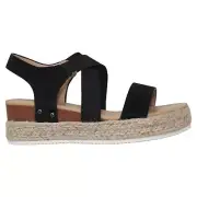 Womens Sandals Espadrilles Platform Ankle X Strap Elastics Closure Black PU SZ 6
