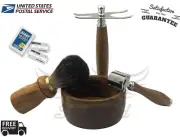 4 Piece Shaving Set |Brown Brush Badger & Wood Safety | Top Mens Gift Kit USA