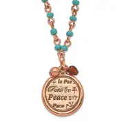 Fashion 1928 Jewelry Copper-Tone And Aqua Acrylic Bead Link Brown Polished Peace Pendant 16 In Necklace With 3 Inch Extension