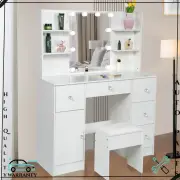 White 5-Drawers Dressing Table and Stool Make up Desk Set with LED Lights Mirror