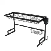2 Tier 85CM Over The Sink Stainless Steel Kitchen Rack Dish Bowl Drain Drying Shelf Storage Organizer Holder With 4 Hooks