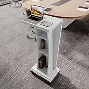 ASSYA Portable Floor Podium with Wheels, Standing Wooden Church Speaker Table with Storage Rack, Easy to Assemble Concert Conductor,White