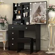 Vanity Desk Makeup Table Set with Lights, Vanity Table with Mirror and Stool, 5 Storage Drawers & Shelves, Small Chair, Sliding Mirror Lighted Vanity Table for Teen Girls, H3330 Black