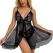 [Generic] 1/4 Cup Bra Lingerie Open Front Dress Lace Chemise Sleepwear Mesh Nightgown with Thong Sexy Lingerie Set Plus Size