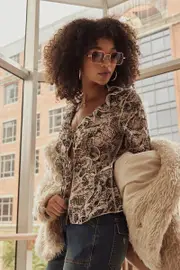 Brown Animal Print Bolero Long Sleeve Ruffle Snake Print Chiffon - Size 14, Women's Top