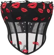 [GHAKKE] Women's Sexy Mesh Bustier Tube Top Embroidered Lip Printed Corset Bandeau Gothic Push Up Vest Lace Up Bodyshaper (Color : Black, Size : X-Large)