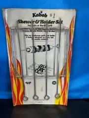 Set of 4 Vintage BBQ Shish Kabob 18" Skewers & Holder New NOS
