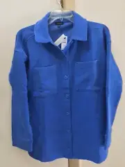 Talbots Womens MED Top SHACKET Blue Button Front Terry Sweatshirt Material NWT