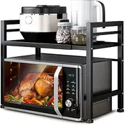 Expandable Microwave Oven Rack Shelf, Meraif Adjustable Kitchen Counter Stand Countertop Organizer Microwave Toaster Stand Kitchen Storage Rack 2 Tiers with 3 Hooks