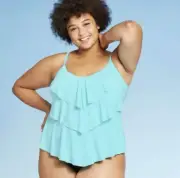 Women's Aqua Green Plus Size Tiered Tankini Top - Light Blue, Various Sizes