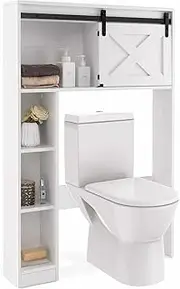 Giantex Over The Toilet Storage Cabinet, Freestanding Bathroom Organizer with Sliding Barn Door & Storage Shelves, Multifunctional Bathroom Toilet Rack for Bathroom Restroom Laundry (White)