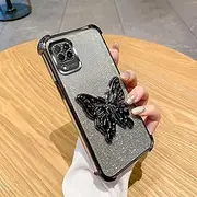 [PONRFEKT] Electroplated Glitter Case for Oppo A96,Transparent Protective Cover Gradient Glitter,Butterfly Invisible Stand,Stylish Shockproof Cover for Women Girls,Black