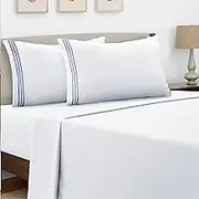 Queen Bed Sheets Set - Microfiber 4 Pcs Hotel Luxury Bed Sheets Comfy Sheets Set Include 1 Flat Sheet-1 Deep Pocket Fitted Sheet 40 Cm and 2 Pillowcases (White/Navy Blue)