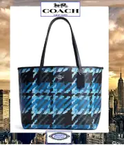 NWT COACH CITY Tote With Graphic Plaid Print CM160 In BLUE MULTI Canvas Silver