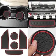 Auprite Non-Slip Mats for Mustang Accessories 2015-2023, Custom Fits Cup Holder Liners Mats Door Pocket Center Console Liners (5Pcs Set, Red Trim)
