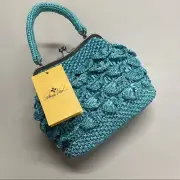 Patricia Nash Purse Scalloped Raffia Laureana Frame Kiss Lock Closure Aqua Green