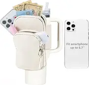 SUITMAT Large Water Bottle Pouch for Stanley Quencher Cup Tumbler, Double Layer Water Resistant Bag for iPhone 14 Pro Max, iPod Air, Credit Cards, Key, Cream (Bag Only) (SMA010401A)