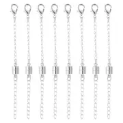 8Pcs Cylinder Locking Magnetic Necklace Clasps with Extension Chain, Silver