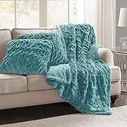 Comfort Spaces Ruched Faux Fur Plush Throw Blanket and Pillow Set with 2 Matching Square Pillow Covers Sofa Throw Blanket for Living Room, Chair, Couch, Home Office Luxurious Fuzzy Soft Teal 50"x 60"