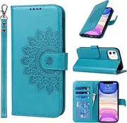 Cavor Wallet Case for iPhone 11 6.1'' PU Leather Case Magnetic 3D Embossed Flower Women Flip Kickstand with Card Holder Wristlet Hand Strap Protective Cover-Flower Sky Blue