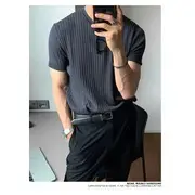 Short-Sleeve Crew Neck Plain Knit Top Blue - XL