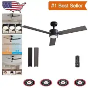 Elegant 52 Inch Black Ceiling Fan with Remote & Adjustable Tri-Color LED Light