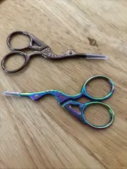 2 Multi-Purpose Stork Embroidery Scissors Plated Crane Bronze & Rainbow