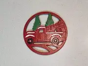 Red Vintage Truck Round 8" Trivet St Nicholas Square Christmas Cast Iron Trivet